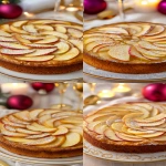 **<https://s.mj.run/4Ipb_UAgg3E> <https://s.mj.run/Jb4EhhD8OgY> Hyper-realistic close-up of a whole round apple and yogurt cake, golden and airy, with thin apple slices arranged in concentric circles on top. The surface is slightly caramelized and glossy, dusted with a light touch of powdered sugar. The cake is placed on a festive plate with golden accents, set on an elegant white and gold Christmas table. In the softly blurred background: golden cutlery, glowing candles, and champagne flutes add warmth and ambiance. Soft, warm lighting highlights the cake's fluffy texture and rustic charm. Cozy, homemade holiday atmosphere. --v 6.1 --ar 9:16** - <@1277569890588557353> (fast)