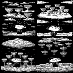 **Seven of Cups tarot card by Sarah Andersen. The image is black and white and depicts the seven cups on a cloud, possibly reflecting their impractical or transient nature. This may also reflect the idealized imagination or confusion of the figure conjuring them. Accordingly, the cups have been associated with wishful thinking. all set against a black background, and the overall design is simple yet striking, in the style of Sarah Andersen. --ar 3:5 --v 7.0 --p fllp7es** - Variations (Strong) by <@409716268476923920> (fast)