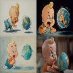 **an angry baby with blond combover hair and orange makeup on the face is looking at a spinning globe, the globe is dancing and laughing at the baby, style of 1950s Warner Bros cartoon, --ar 5:3** - <@1062998643696750602> (fast)