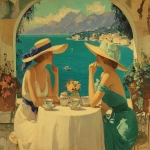 **<https://s.mj.run/kpWIqgf0c1A> pochoir illustration, hand-stencilled color, art deco fashion plate of two elegant women sharing afternoon tea on a sunlit terrace overlooking the Mediterranean, French Riviera, early 20th-century elegance, Pastel colors, planar composition, compressed depth, wide-brim straw hats with ribbons, provocative flowing dresses, intimate feminine friendship, relaxed posture, gossip, laughter, porcelain teacups and floral bouquet on a white tablecloth, turquoise sea with a small boat in the distance, arched terrace framing the view, late afternoon light, dreamy atmosphere, romantic, calm, aspirational lifestyle, timeless femininity, gentle color harmony, interior-design friendly, nostalgic yet modern, Pastel colors --ar 5:4 --stylize 200 --chaos 15 --v 7.0 --iw 0.5 --no orange dress** - Image #4 <@988364629556199494>