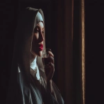 **a nun drinks chocolate tequila from a shot glas, while standing in a dark and old bedroom of 1980s, the nun is very attractive, has red lips and looks towards the window, shot from the side, photography, --ar 16:9 --v 7.0** - Image #4 <@1073526258069151775>