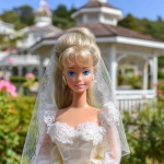 **a 1980’s Barbie doll in a wedding gown of satin and chiffon. The dress is mermaid style. The veil is simple and feminine. In the background is a beautiful gazebo. Ultra realistic, highly detailed, photorealistic. HD --v 7.0** - Image #2 <@1327691479602298971>