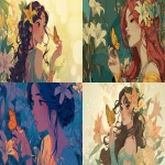 **An illustration with intense tones of a spring's goddess in 3/4 view holding a butterfly in her hand and wearing a lily in her hair, in colorfull and anime style. --ar 16:9** - <@1068240844349509652> (fast)
