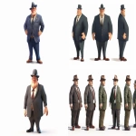 **Average US male citizen from the 1950'. cartoony, 3d, video game, white background, full body, 1950 style, middle class working man with suit and fedora, plump, slightly big head and hands, colorful --ar 9:5 --v 6.0** - <@377164013374537729> (fast)