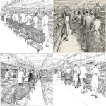 **Line drawing. 1950. Supermarket in France. Customers push their shopping carts through the aisles, filled with beer and canned goods. --ar 11:9** - <@427585336424661004> (relaxed)