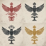 **In a Dungeons and Dragons art style, create four different yet simple versions of a noble house&#039;s sigil. The design should be simple. Its major element is a hawk&#039;s wings spread wide and eyes vigilant and looking forward. Its minor elements are a plant in one talon and a blacksmith&#039;s hammer in the other talon. All different versions, as if made in medieval times with medieval-level tools, each made of different materials, such as stone, iron, wood, and paint. They should all be simple designs using a single material. They should be worn. They should be on a white background. --v 7.0** - Image #2 &lt;@478047972412620803&gt;