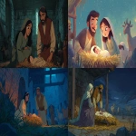 **Natividad del Señor ambientada estrictamente en el siglo I en Judea, ilustración digital con fuerte enfoque storyteller, influencias de storybook art y animación 2D moderna. Escena en el exterior del establo, de noche, con composición amplia y narrativa. En el centro, el Niño Jesús recién nacido, envuelto en lienzos de lino sin teñir, descansando en un pesebre de madera con paja. María, joven mujer judía de rasgos suaves, viste túnica sencilla de lino y manto largo sin adornos, inclinada con gesto maternal y emotivo. José, hombre adulto con barba, túnica de lana en tonos terrosos y manto simple, observa con expresión protectora y humilde. Alrededor, animales del pesebre (burro, ovejas) en actitud tranquila. A cierta distancia, los Santos Reyes se aproximan lentamente, vestidos con ropajes sobrios de la época, portando regalos, sin protagonismo excesivo. En el cielo nocturno abierto destaca claramente la Estrella de Belén, luminosa y guía visual de la escena, proyectando una luz suave sobre el conjunto. Paleta cálida, expresiones cercanas y humanas, gestos narrativos, sensación de historia viva más que escena solemne. Fondo abierto, cielo estrellado, sin elementos anacrónicos, personajes bien proporcionados, atmósfera emotiva y acogedora. --ar 16:9 --v 7.0 --chaos 18** - <@1087600289290403840> (fast)
-# Create, explore, and organize on [midjourney.com](<https://midjourney.com/imagine?from_discord=1>)