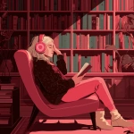 **an abstract illustration of a female with dark blonde hair wearing headphones, sitting in a reading nook with a pink and red aesthetic surrounded by bookshelves and sitting in a chair reading a book --v 7.0** - Upscaled by <@387852951244374018> (fast)