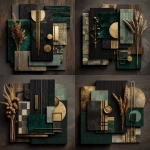 **materials board for modern art deco interior design with forest green velvet, black wood, gold metal, tile, silk, wall paint, dried plant** - Variations (Strong) by <@961789810715009054> (fast)