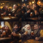 **burly and grim dwarves from the hobbit sharing laughs and pints at trivia night in a tavern, dungeons and dragons art** - <@245803813255118849> (fast)