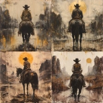 **imagine a painting presented in the style of ink wash: Jimmy Butler facing away from the viewer, riding a black steed, positioned in the center of the composition. The horse's four legs are fully visible, with its saddle adorned with golden tassels and brocade. The background is absolutely clean and. white with a lot of spacing. Jimmy Butler wears a deep brown cowboy hat, a Golden State Warriors vest, and jeans, while holding a basketball. --s 750 --v 6.0** - Remix (Strong) by <@531918970526236718> (fast)