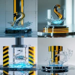 **a glowing iconic ASMR hydraulic press (cylinder) with its iconic black and yellow stripes descending on a delicate crystal glass sculpture of a swan fillid with blue liquid standing on a cylinder metall surface, clean minimalistic white studio background setting, bright, sterile lighting, reflections on the polished metal and crystal facets, beautiful destruction, high resolution --ar 9:16 --v 6.0** - <@672875703666081795> (relaxed)