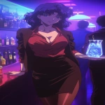 **Fuzzy 90s Anime screengrab, A night club filled with smoke and mirrors that reflect the single beauty standing back a bit walking forward, it's a woman in a business jacket and a long pencil skirt, dark brown stockings, she's carrying a tray with a large pitcher of ice that has glistening blueish square cubes inside and condensation down the glass, her hair midnight blue with purple tips and short cut hair ending around the shoulders, confident smile, narrow squinting blue eyes, pencil thin black eyebrows flat --ar 3:5 --niji 6** - Upscaled (Subtle) by <@372629349565988865> (fast, stealth)
-# Create, explore, and organize on [midjourney.com](<https://midjourney.com/imagine?from_discord=1>)