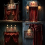 **An open retro circus curtain at night. Over the curtain is a wooden square sign board with grunge paint and missing letters. Photorealistic --ar 8:5 --v 7.0 --p 7hy8o9f** - <@1124306677462745169> (fast)
