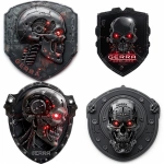 **A dark, robotic emblem for a synthetic entity named "Gerrra". The emblem is angular, shield-shaped or circular, resembling a military machine tag. Central design: a robotic skull, mech head, or power core with glowing circuits and armor plating. No cartoon elements. The name "GERRRA" is embedded in mechanical-style text, as if laser-etched into titanium. Design style: cybernetic warfare, advanced robotics, mecha military. Inspired by Terminator, Metal Gear, Ghost in the Shell, or dystopian AI factions. Color scheme: brushed steel, black, neon red or cyan highlights. Background: white, no cropping, full composition visible. --v 6.0 --ar 1:1 --raw** - <@1246524664625234012> (fast)