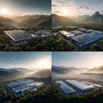 **Aerial view of modern industrial factory rooftop with solar panels, bathed in warm bright morning sunlight, surrounded by lush greenery and mountains, wind turbines in the distance, clear sky, glowing natural light, sustainable energy future, photorealistic --v 7.0** - <@427615579231485956> (fast)