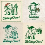 **a vintage distressed single-color line art illustration of an elephant in a santa hat unwrapping a present, in the artistic style of a 1970s / 1980s screen printed iron-on transfer, risograph print aesthetic, cute and kitschy, faded green ink on off-white paper, textured background with subtle creases and grain, limited color palette (only green and white), simple and bold lines, no shading or complex details, retro typography for a phrase like "Holiday Cheer!" below --ar 1:1 --no gradients, photorealism, modern, complex** - <@1069797133110214726> (fast)