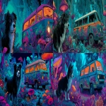 **on the left of the scene A fluffy black mini Australian shepherd with white snout spot. To the right a 1980 T3 mini bus with a trippy paint job , psychedelic glowing mushrooms and plants growing everywhere, trippy artwork, acid trip effect, bright blue background with neon orange, pink , green, turquoise and purple colors, in the style of dan mumford . --ar 9:4 --v 7.0** - <@1006545549706666017> (fast)