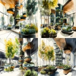 **<https://s.mj.run/Nlu3ItpiLmk> <https://s.mj.run/5Zwnb5PDQNM> an illustration using black pen and watercolour, loose sketchy watercolor and black pen illustration of a futuristic healthcare waiting room a multi storey vertical farm on one side , plants grows with tanks of fish above them , the space which is filled with trees, the noerthern lights are present at the high ceiling to individual wellness pods, zaha hadid organic futuristic architecture highly detailed, unique --ar 16:9 --v 6.1 --s 250** - <@999895176619237436> (fast)