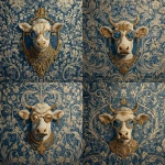 **<https://s.mj.run/BENSP7WwF18> a small size cow wearing sunglasses and gold jewelry in the center of an intricate, blue-patterned wallpaper, in the style of the renaissance. 13:25 --iw 3** - <@1103975769467789322> (relaxed)