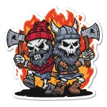 **Ad for Axe throwing company. A skeleton Lumberjack, wearing a Red Buffalo Plaid Beanie and Shirt and a Skeleton Viking Wearing Body Armor fighting each other with axes. Fierce, Angry, Flames, Skulls, Crows, Cartoon, Thick Black Outline, White Background, Sticker, Vector --v 7.0** - Upscaled by <@1067982535730151454> (relaxed)