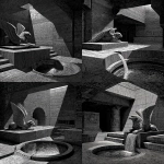 **dnd; b&w woodcut in the style of albrect durer; stone egyptian temple room; a large winged sphinx lies on a platform against the far wall; a round well in the center of the room overflows with water; water flows away from the well in a trough in the floor** - Variations (Strong) by <@771747841559232613> (fast)