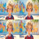 **a medium shot of a realistic illustrated happy 7-year-old Caucasian male student from America, they have a well-defined nose and a well-defined jawline, they have green eyes and curly blonde hair, they stand with their head and neck and shoulders completely square to the camera and facing forward, their entire body is facing forward, they wear a backpack, they have headphones on their head, they stand in front of a white wall with bright graffiti art spray painted on it, it is daytime, the sun is shining bright, high-definition, anime-style, --ar 16:9 --niji 6** - Variations (Subtle) by <@1065025086664474674> (relaxed)