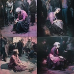 **A fast, strongly colored painting, heavily in tones of pink, white, purple-blue and black, Paris streets, Victorian era, focusing on an old beggar woman, shabby, sad, dirty, begging on the street, sitting, people around her, in a full-screen shot, dark atmosphere. Painted by Jenny Saville** - <@1106776019475636345> (fast)
-# Create, explore, and organize on [midjourney.com](<https://midjourney.com/imagine?from_discord=1>)