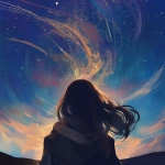 **a woman's head from behind in the dark looking up at the sky. The sky is beautiful and filled with stars and streaking details of color. --niji 6** - Image #2 <@656961830371196938>