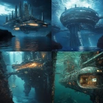 **Une méga cité sous-marine construite sur le fond abyssal de l'océan, metallique, futuriste, des projecteurs vers l'extérieur. On ne voit pas la surface de l'océan** - <@656286832505520129> (fast)