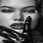 **ultra detailed 8k cinematic black and white beauty portrait of a young woman from chest up, vertical frame, face, hands and hair filling the composition, smooth neutral grey studio background with soft dark vignette on the edges, center of the frame is her eye, lips and finger in a "shh" gesture oval symmetrical face with soft but well defined features, ultra smooth flawless skin, no pores, no wrinkles, perfect beauty retouch, straight elegant nose with soft highlight along the bridge and gentle shadow under the tip full sensuous lips with a sharp cupid’s bow, slightly parted, a thin bright glossy highlight strip on the lower lip emphasizing volume, subtle light reflection on the lip gloss one eye visible through a gap between fingers, other eye mostly hidden by the upper hand, long thick eyelashes like fake lashes, small bright catchlight in the pupil, upper eyelid with smoky eye makeup, darker tone along lash line fading smoothly towards the brow, dark thick well shaped eyebrows, gently arched, not overdramatic dark wavy hair, big glossy waves falling down, one clear S-shaped wave on the right side of the frame, soft highlights along the strands to show texture, hair swept away from the cheeks so the face is not covered both hands in thin semi-transparent black gloves up to the forearm, upper hand placed horizontally across the upper face, back of the hand towards camera, fingers slightly spread so that one finger is above the brows and another lower finger creates a narrow gap that reveals the eye, fingertips long and tapered, sharp stiletto-like nails visible under the sheer fabric, subtle darker seams along the fingers and glove edges lower hand bent so that the index finger is vertical and gently touching the center of the lips in a classic "shhh" pose, [...]** - Image #4 <@1264899319799222315>