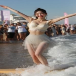 **a joyful Korean university girl with pale glowing skin, camera-facing with a wide smile, standing tall on a surfboard in motion, wearing an ivory sweetheart neckline crop top with lace trims and a translucent soft grey ballet mini skirt, toes visible with soft wet sand, beach crowd cheering behind --v 7.0 --ar 9:16 --q 2 --raw** - Image #3 <@1192072662005059597>