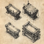 **instructional illustration, detailed black and white engraving, clean style as in a training manual, depicting four tables set up in a gaming room, fine linework, printed on aged parchment, no color, historical authenticity, high contrast --ar 3:2** - Image #3 <@806727373508706334>