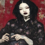 **eerie painting with a color scheme of monochromatic black and white with a pop of Color. The painting uses cross-hatching and palette knife techniques, inspired by analog horror, grunge Polaroids, ukiyo-e and retro Japanese horror. The mood is mysterious and unsettling --exp 50 --stylize 1000 --p djcuvnt --ar 4:5 --v 7.0** - Image #1 <@948741381743083580>