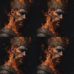 **A wide, front-facing oil painting portrait of a king wearing an awe-inspiring, intricately detailed welding crown adorned with ancient symbols and shimmering jewels that seem to pulse with inner fire. His full face, chest, and upper torso are visible. The left side of his face and shoulder are consumed by vivid, almost supernatural flames ethereal and alive casting dynamic, flickering light that dances wildly across his skin and armor. The flames subtly form ghostly shapes of angels and souls rising, blending spiritual mysticism with raw elemental power. A bold, cracked ash cross, textured like burnt wood and glowing faintly with silver embers, is emblazoned on his forehead a stark symbol of humility, mortality, and divine purification. His expression is calm yet fervent, eyes burning with inner fire and transcendent wisdom, embodying spiritual strength, sacrifice, and rebirth. The dark, textured background pulses with smoky shadows and faint celestial constellations, as if the universe itself watches this sacred moment. Rendered in rich, detailed soft oil brush strokes that give the skin a warm glow, the flames a mesmerizing flow, and the crown a regal grandeur blending hyperrealism with a visionary, almost mystical atmosphere full of emotional intensity and symbolic depth. --v 7.0** - Variations (Region) by <@1097374443979935885> (fast)