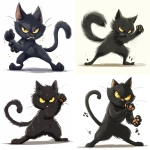 **A black cat is performing the kick pose, a simple flat illustration in a clip art style with thick outlines and no shadows on a white background. The cat has yellow eyes, fluffy fur, a long tail, and short legs. It appears to be angry or determined in its stance, with its paws raised as if it were kicking someone. This cartoon-like depiction of a cute feline martial artist adds an element of humor while also showcasing strength through its dynamic posture. The image is isolated on a white background. --ar 8:7 --v 6.0 --s 250** - <@756269320539209761> (fast)