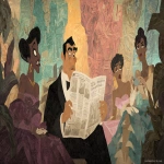 **A very funny and cartoonish scene of S Flor as he reads the newspaper "Sinal Incrementado" while his wife and friends in gowns sit on either side, looking at him with an exasperated expression. The background is a colorful cave wall with detailed carvings. In the style of Pixar animation. It's a wide shot with all characters fully visible from head to toe. The focus should be on the facial expressions that convey surprise or curiosity about what they have seen. --ar 128:71 --v 7.0 --p mwpi95x** - Image #1 <@451473582770618389>