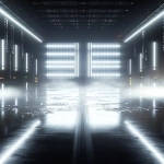 **futuristic sports arena interior, glowing with black, silver and white lights, holographic LED panels stretching across the back wall, fractured ice shard textures embedded in the walls, metallic beams and chrome accents, spotlights shining through thick volumetric fog and icy haze, glossy reflective floor with silver prism reflections, symmetrical wide cinematic perspective, crisp linear lights adding depth, legendary and immersive high-tech atmosphere, perfect for hockey trading card background --ar 2:3 --q 2 --v 6.1 --raw** - Image #2 <@1007029574430892245>