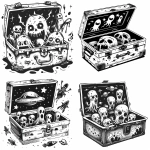 **1980s comic horror logo illustration, open tackle box bursting with ufos, aliens, and ghosts, dramatic exaggerated shapes, thick black outlines, high contrast black and white, retro horror comic style, eerie playful tone, flat vector design, strong readable silhouette, white background, no lettering --ar 1:1 --v 6.0 --s 200 --raw** - <@803064038300450856> (fast)