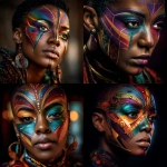 **Medium shot of a beautiful melanated african woman wearing colorful Ghanaian face paint. Marionette inspired Afrocentric futurism --s 250 --v 7.0 --p aaggwyf** - <@804921100534153246> (fast)