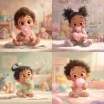 **A cute, heartwarming illustration of a sweet baby sitting on a soft blanket, holding an oversized pacifier that looks humorously large compared to the baby. The baby has big sparkling eyes, chubby cheeks, and a joyful expression. Soft pastel colors, warm lighting, and a cozy nursery background with toys. Digital illustration style, high detail, smooth textures, adorable and playful mood** - <@1072445144403558441> (fast)