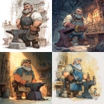 **a D&D style illistration. The main subject should be of a merry and happy but very muscled dwarf blacksmith/gunsmith stood next to an anvil in his workshop, he should have a full greying beard, and a cheeky smile. The smith should look like he is from a fantasy renaissance/steam punk age. Around his feat and the workshop should be children playing, these children should be of different dnd fantasy races and should all look happy. The image should be in a renaissance style using oil and watercolours.** - <@545090802750324757> (fast)
-# Create, explore, and organize on [midjourney.com](<https://midjourney.com/imagine?from_discord=1>)
