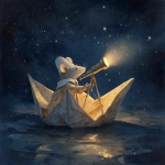 **A white folded paper boat sails through the night sky. In the boat is a silver-furred mouse wearing a folded paper cap and holding a silver sextant. The boat gives off a glowing aura. The background is a starry sky against a dark void. Ammonite amanita Highly realistic painting. --v 7.0** - Image #3 <@1071135204846096475>