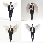 **a cool Asian man aged 25-27, wearing a dark navy suit and pants, light brown hair, walking forward while holding an iPad in one hand and the other hand in his pants pocket, smiling happily, large white angel wings on his back, facing forward, low angle view looking slightly upward, clean white background, soft studio lighting, realistic, sharp details, 4K** - <@427615579231485956> (fast)
-# Create, explore, and organize on [midjourney.com](<https://midjourney.com/imagine?from_discord=1>)