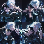 **Still taken shot from anime episode - Levi Ackerman from Attack on Titan and Satoru Gojo from Jujutsu Kaisen. Gojo has white hair, his arm around Levi's shoulder and is posing with a big smile and making a peace sign, Levi has black hair, has his arms crossed and looks slightly annoyed against a black background with sparkles in the art style of attack on titan anime. Friendship-style pose, Anime TV art style, attack on titan, jujutsu Kaisen. Uniform details, beautiful lighting, anime art, manga --niji 6** - Variations (Strong) by <@774763495555072010> (fast)