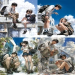 **hyper-realistic illustrations, an asian high school student wearing a white shirt and black shoes standing on top, with his hand pointing down to the ground while sitting on it. another student in uniform is sitting below, holding his head low. the background features a two-story modern-style building with large windows and a blue sky. this scene captures their friendly interaction amidst the bright sunlight, creating a cheerful atmosphere that radiates youthful energy. this is an ultra-wide shot. --ar 3:4 --profile xklskav** - <@409716268476923920> (fast)