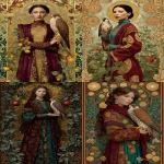 **photorealistic, klimt, like the Nine of Pentacles tarot card, NINE large golden five-pointed star pentacle coins clearly visible hanging on vines or displayed in a lush abundant garden, an elegant Indian woman standing alone in the garden wearing luxurious burgundy and teal robes with rich gold Klimt patterns, a beautiful falcon or elegant bird perched on her gloved hand, expression of calm self-possession and serene independence, the nine pentacles are prominent and easy to count in the garden around her, Byzantine gold mosaic patterns in background, atmosphere of svatantra self-sufficiency through conscious development, sense of earned independence and inner wealth, jewel tones burgundy teal gold and rich garden greens, ornate baroque frame with botanical and bird motifs, mood of mastery and self-reliance, the individuated self enjoying the harvest of the Work, --ar 2:3 --raw** - <@1122608133139857530> (fast)
