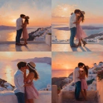 **a beautiful painting of an elegant attractive couple on a terrace, hugging and kissing each other in love. the man is wearing a white shirt and blue jeans, while the woman is tall with long brown hair. she wears a sun hat and a light pink dress. the background features a vibrant sunset over the caldera in Santorini, with cinematic lighting and an ultra-realistic style, in the style of a famous artist. --ar 13:16** - <@1220684338807439425> (fast)