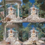 **a 1980’s Barbie doll in a wedding gown of satin and chiffon. The dress is mermaid style. The veil is simple and feminine. In the background is a beautiful gazebo. Ultra realistic, highly detailed, photorealistic. HD --v 7.0** - Zoom Out by <@1327691479602298971> (relaxed, stealth)
