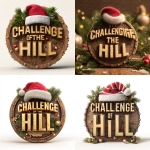 **Ultra-realistic 3D wooden circular badge with the words "CHALLENGE OF THE HILL" in large, bold, three-dimensional golden letters that rise out from the surface. A festive red-and-white straw Santa hat rests playfully on top of the letters, with a small green pine branch peeking out behind the hat. The badge frame is rustic polished wood, decorated with evenly spaced metallic studs around the perimeter. Inside the badge background, an engraved wooden map of Puerto Rico is visible, subtly carved with fine detail to blend with the wood texture. Around the badge, Christmas decorations such as pine leaves, small ornaments, and golden sparkles add a holiday atmosphere. Lighting is cinematic: warm golden glow, soft frontal light, and realistic reflections to highlight the 3D details. Isolated on pure white background, front view, ultra high resolution.** - <@1344851378702389258> (fast)
